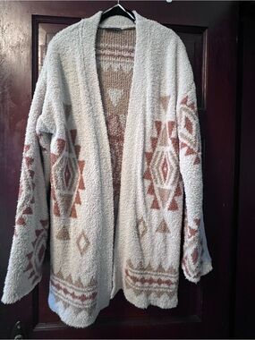 Cozy Cream and Rust Aztec Open-Front Women's Sweater Cardigan